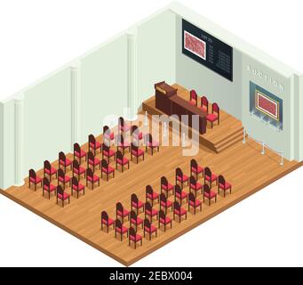 Camera d'asta in stile retrò con interni isometrici e sedie per bidet di lusso riproduzioni pittoriche evidenziate e aste tribune illustrazione vettoriale Illustrazione Vettoriale