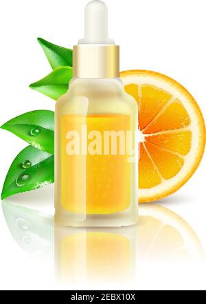Flacone trasparente con goccia di agrumi naturale con vitamina C. concentrato immagine realistica del succo d'arancia con illustrazione vettoriale a riflessione Illustrazione Vettoriale