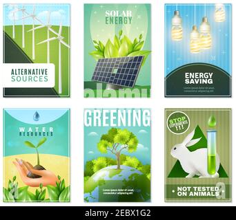 Fonti energetiche verdi alternative per la protezione dell'ambiente e test di divieto animali 6 mini striscioni ecologici illustrazione vettoriale isolata Illustrazione Vettoriale