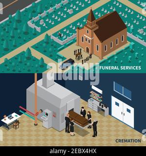 Servizi funebri bandiere orizzontali isometriche con persone che trasportano bara da chiesa e cremazione isolato vettore illustrazione Illustrazione Vettoriale