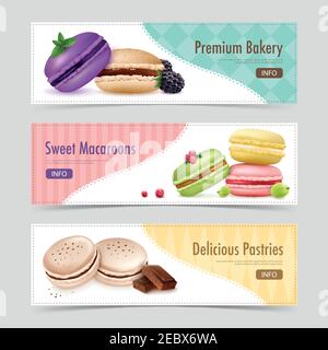 Tre striscioni orizzontali di macaroon insieme con merci realistiche di macaroon e. immagini di bacche testo e pulsante info illustrazione vettoriale Illustrazione Vettoriale
