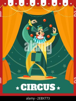 Poster pubblicitario circus itinerante con giocoleria in riflettori clown retrò illustrazione vettoriale in stile cartoon Illustrazione Vettoriale