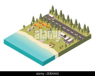 Campeggio vicino lago con ombrellone su falò spiaggia e turistico illustrazione vettoriale isometrica per il trasporto di ingranaggi e la circolazione su strada Illustrazione Vettoriale