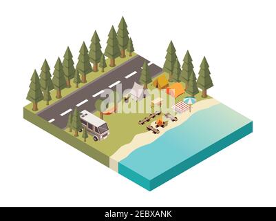 Accampamento tra strada e lago con tende e falò amaca sulla spiaggia coperta da picnic illustrazione vettoriale isometrica Illustrazione Vettoriale