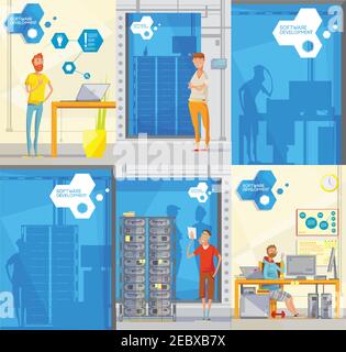 Set di sei poster in morbido stile doodle con diversi sagome dei caratteri dei dipendenti e illustrazione vettoriale del logotipo aziendale Illustrazione Vettoriale