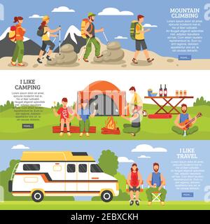 Set di tre bandiere orizzontali per campeggio ed escursioni con esterno arrampicata persone composizioni leggere di più pulsante vettore illustrazione Illustrazione Vettoriale