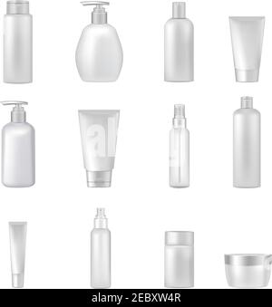 Bottiglie vuote trasparenti per cosmetici vasetti tubi spray dispenser per bellezza e prodotti per la salute immagini realistiche raccolta illustrazione vettoriale Illustrazione Vettoriale