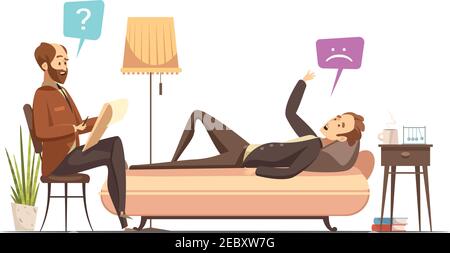 Sessione di psicoterapia in ufficio terapeuta con paziente sul divano che parla circa i suoi sentimenti retro cartoon illustrazione vettoriale Illustrazione Vettoriale