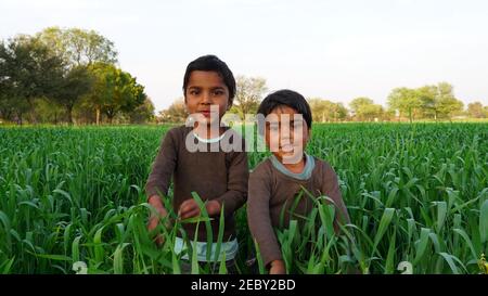 08 Febbraio 2021- Khatoo, Jaipur, India. Due bambini indiani che vanno in campo primaverile. Piccoli bambini divertenti che godono della natura verde. Foto Stock