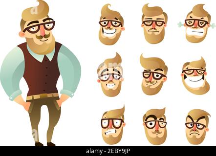 Emozioni colorate uomo icona insieme con figura di hipster e. illustrazione vettoriale delle espressioni del volto Illustrazione Vettoriale
