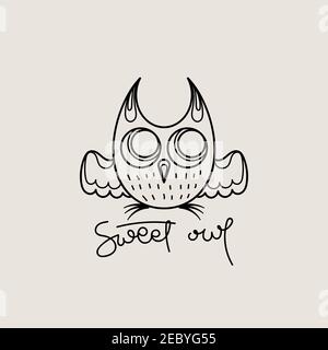 Logo con contorno di gufo dolce. Design con emblema isolato Doodel. Simbolo dell'educazione dei bambini. Illustrazione vettoriale Illustrazione Vettoriale