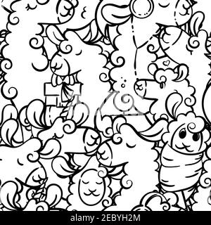 Motivo senza cuciture con llama e alpaca carine e ricci. Illustrazione vettoriale per pagine da colorare, stampe per bambini e adulti Illustrazione Vettoriale