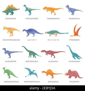 Icone colorate isolate insieme di diversi tipi di dinosauri in stile cartoon con nome di classe o tipo vettore piatto illustrazione Illustrazione Vettoriale