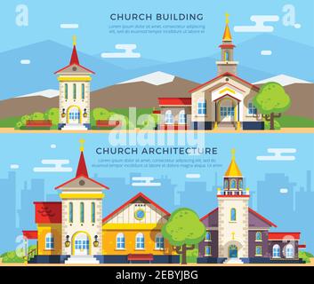 Splendidi edifici storici di chiese di diversi stili architettonici su sfondi con montagne e paesaggi urbani bandiere piatte isolato vettore illustra Illustrazione Vettoriale