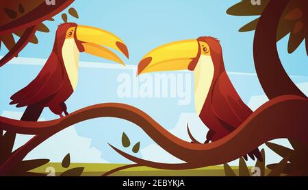 Due uccelli toucan seduti su un grande ramo di albero con blu poster sfondo cielo retro cartoon illustrazione stile vettore Illustrazione Vettoriale