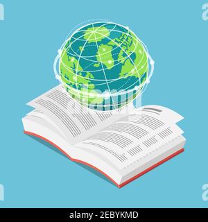 Globo isometrico 3D piatto su Open Text Book. Concetto di educazione internazionale Illustrazione Vettoriale