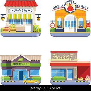 Negozio piatto colorato icone collezione di mini negozio supermercato mercato e negozio di abbigliamento isolato vettore illustrazione Illustrazione Vettoriale