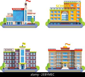 Edifici scolastici moderni e classici con bandiere sul campanile e. elementi isolati piatti per l'illustrazione vettoriale della costruzione di città Illustrazione Vettoriale