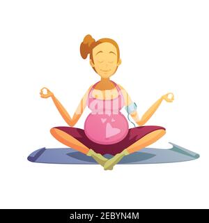 Yoga pratica per donne incinte retro cartoon poster con meglio asana prenatale posa immagine vettoriale astratta Illustrazione Vettoriale