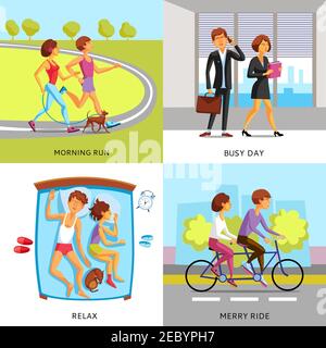 Stile di vita persone 2x2 composizioni che presentano coppia in mattina corsa occupato giornata relax e allegra passeggiata cartoni animati vettore illustrazione Illustrazione Vettoriale