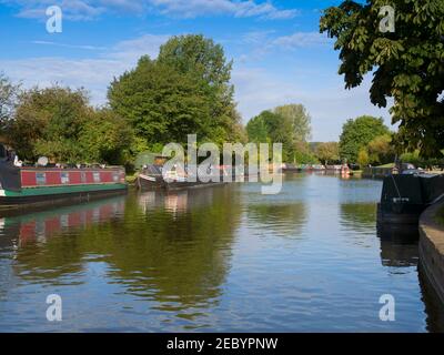 Le chiatte storiche sono ormeggiate insieme a battelli più moderni sul Canal Grand Union nell'Hertfordshire. Foto Stock