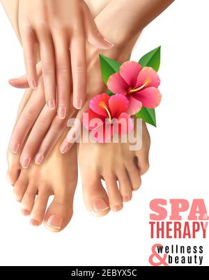 Pedicure e manicure spa terapia poster con fiori rosa piedi e mani femminili su sfondo bianco illustrazione vettoriale realistica Illustrazione Vettoriale