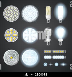 Accensione e spegnimento delle lampade a LED e delle luci effetti di dimensioni e forma diverse impostate su sfondo nero isolato realistico illustrazione vettoriale Illustrazione Vettoriale