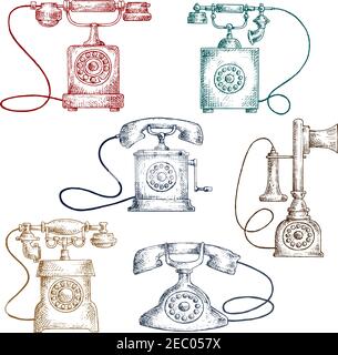I telefoni tradizionali disegnano in stile incisione con telefoni colorati. Comunicazione o contattaci temi design Illustrazione Vettoriale