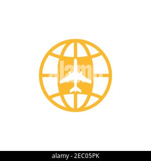 Modello vettoriale per il design del logo dell'aviazione. Immagine del piano con il simbolo del globo Illustrazione Vettoriale