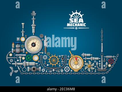 Silhouette e attrezzature nautiche con elica e ancora, catena e timone, telegrafo per ordine motore, oblò e timone, impianto sterzante, barom Illustrazione Vettoriale