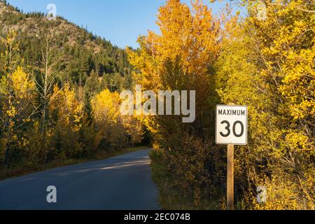 Limite massimo di velocità di 30 km in Vermilion Lakes strada in autunno fogliame stagione soleggiato giorno. Banff Legacy Trail, Banff National Park, Canadian Rockies, Foto Stock