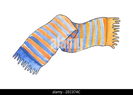 Sciarpa a maglia con disegno ad acquerello a righe blu e gialle. Intimo outerwear invernale clipart. Logo della sciarpa a maglia. Icona dell'abbigliamento invernale disegnato a mano Foto Stock