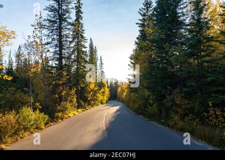 Vermilion Lakes Road in autunno fogliame stagione giorno di sole. Banff Legacy Trail, Banff National Park, Canadian Rockies, Alberta, Canada. Foto Stock