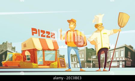 Pizza consegna flat vettore illustrazione in stile cartone animato con chef corriere minibus giallo per consegna e pizzeria al paesaggio della città Illustrazione Vettoriale