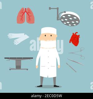 Professione chirurgo e oggetti medici con medico in scrub e maschera, tavolo operatorio e lampada, guanti, cuore umano e polmone, bisturi e forcipe aro Illustrazione Vettoriale