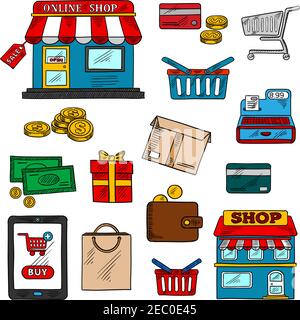 Shopping, business e retail icone di negozio online e vendita tag, tablet pc con pulsante di acquisto, denaro e carte di credito, carrello e borsa, negozio e w Illustrazione Vettoriale