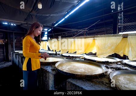 Tofu villaggio in comune di My Hoa, provincia di Vinh Long, Viet Nam - 7 febbraio 2021: Fabbrica di tofu nel comune di My Hoa, provincia di Vinh Long, Vietnam Foto Stock