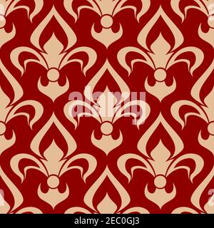 Modello fleur-de-lis medievale senza cuciture per l'uso araldico di design con composizione floreale beige di gigli francesi reali su sfondo rosso Illustrazione Vettoriale