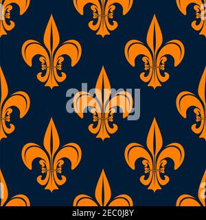 Motivo floreale senza cuciture fleur-de-lis arancione per un design araldico o interno con gigli francesi vintage su sfondo blu scuro Illustrazione Vettoriale