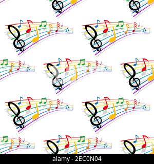 Note musicali sfondo senza giunture con motivi colorati di stavi musicali, note e scogli alti. Può essere utilizzato come decorazione festiva o sfondo musicale Illustrazione Vettoriale