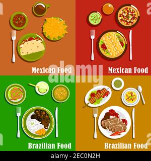 Cucina messicana e brasiliana con tacos e nachos, enchiladas e salsa di salsa, stufato di carne e fagioli, zuppa cremosa di zucca e gamberi piccanti, gri Illustrazione Vettoriale