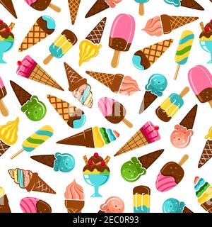 Dessert per gelato motivo senza cuciture di vaniglia e caramello, menta, pistacchio e gelato aromatizzato fruttato scoop e coni di waffle, papsicli arcobaleno o Illustrazione Vettoriale