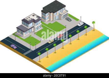 Composizione isometrica con due case suburbane vicino spiaggia di sabbia su illustrazione vettoriale di sfondo bianco Illustrazione Vettoriale