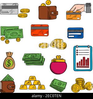 Banconote e dollari, monete d'oro e portafoglio, portamonete e carta di credito, pila di barre d'oro e rapporto finanziario con crescente grafico a barre. Finan Illustrazione Vettoriale