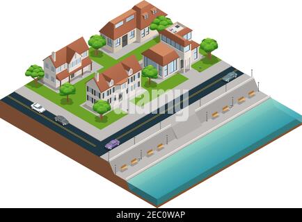 Composizione isometrica con case suburbane vicine all'imbarco su sfondo bianco illustrazione vettoriale Illustrazione Vettoriale
