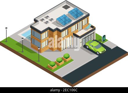 Grande moderna eco casa verde con pannelli solari sul tetto bel garage ordinato cortile e piscina isometrica illustrazione vettoriale Illustrazione Vettoriale