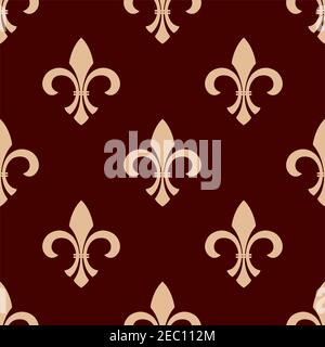 Motivo floreale araldico medievale senza cuciture per il design della carta da parati interna con delicato ornamento beige fleur-de-lis su sfondo marrone Illustrazione Vettoriale