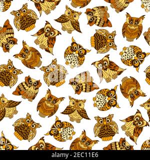 Cartoon modello senza giunture di uccelli di gufo della foresta con piumaggio ornamentale marrone e giallo macchiato. Interni per bambini, tessuti o pagine di scrapbook tema desi Illustrazione Vettoriale
