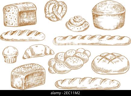 Bozzetti di pane con pagnotte lunghe, baguette, pane di grano e segala, croissant, cupcake, pretzel, rotolo di cannella e pane intrecciato. Prodotti da forno e pasticceria Illustrazione Vettoriale