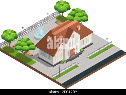 Composizione isometrica con casa suburbana e grande cantiere pulito con alberi di fontana e panchine su sfondo bianco illustrazione vettoriale Illustrazione Vettoriale